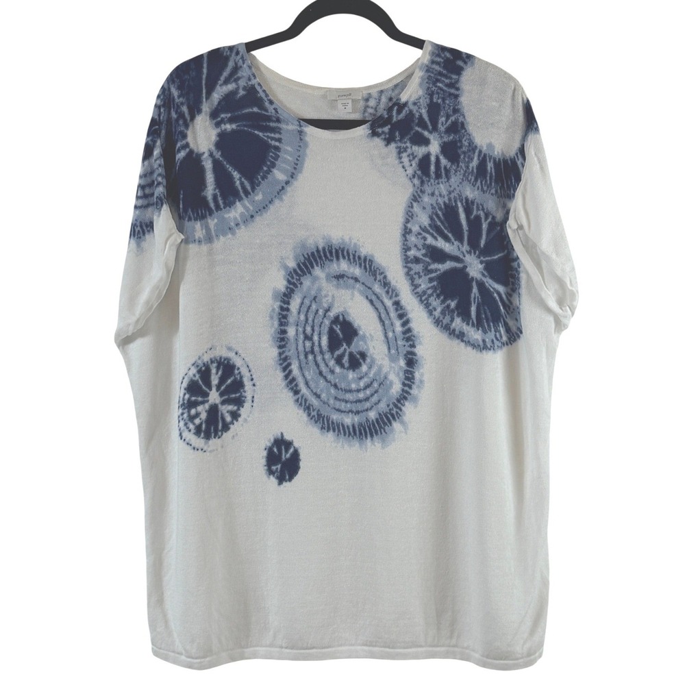 Pure Jill Sweater Sz M White Blue Tie Dye Linen Blend Knit Top Boho Coastal